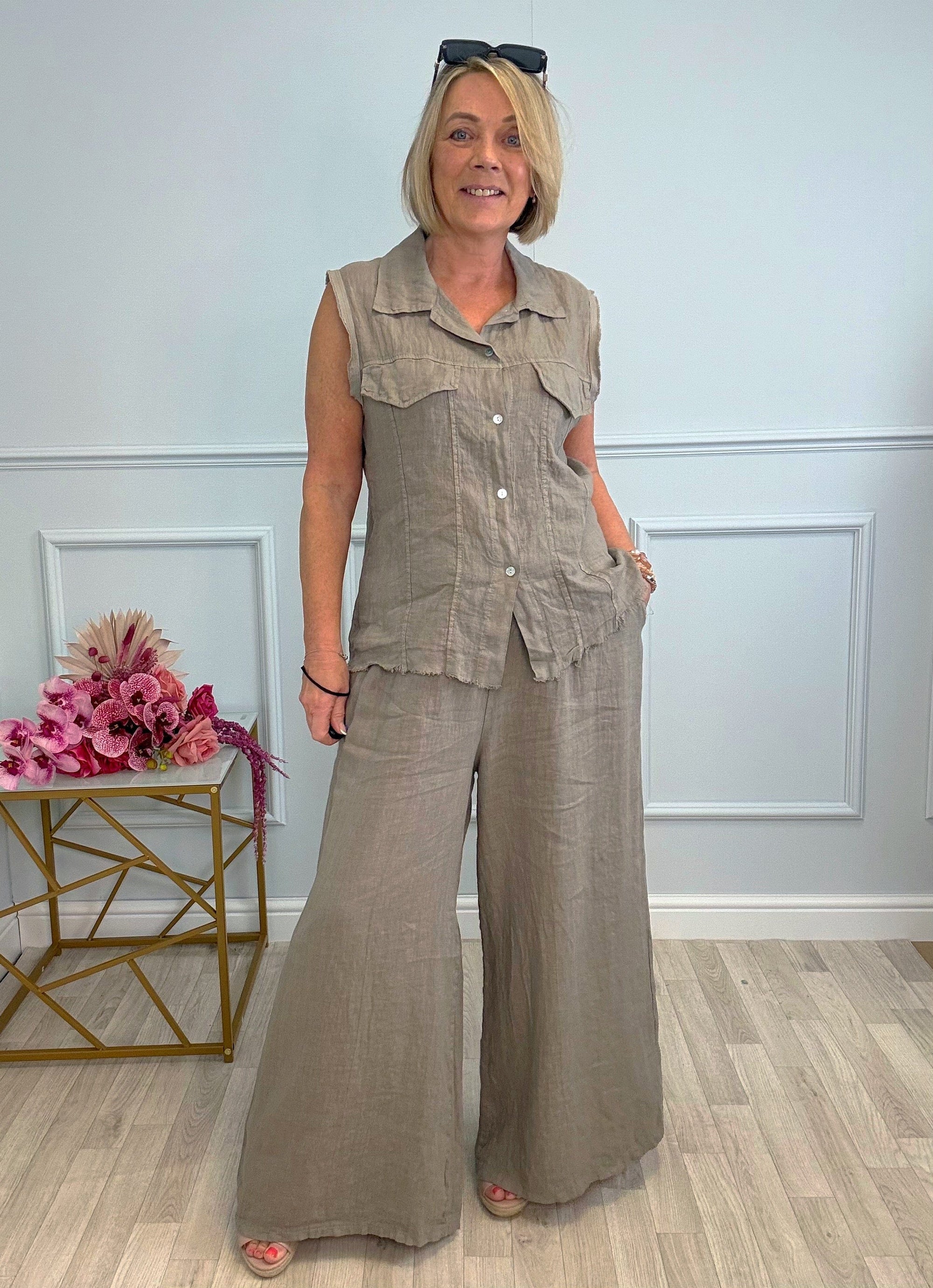 Nola Stretch Waist Linen Wide-Leg Trousers 8-20 Mocha - Susie's Boutique