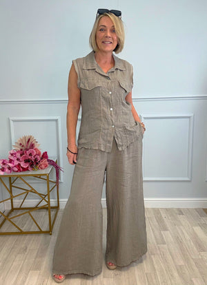 Nola Stretch Waist Linen Wide-Leg Trousers 8-20 Mocha - Susie's Boutique