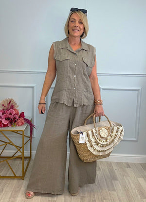 Nola Stretch Waist Linen Wide-Leg Trousers 8-20 Mocha - Susie's Boutique