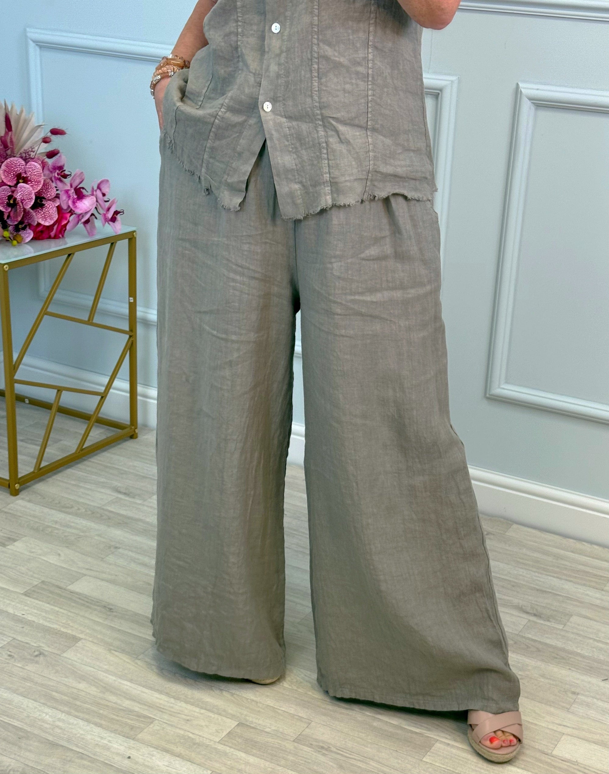 Nola Stretch Waist Linen Wide-Leg Trousers 8-20 Mocha - Susie's Boutique