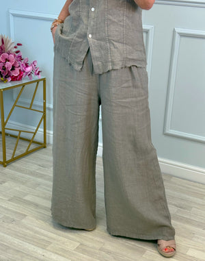 Nola Stretch Waist Linen Wide-Leg Trousers 8-20 Mocha - Susie's Boutique
