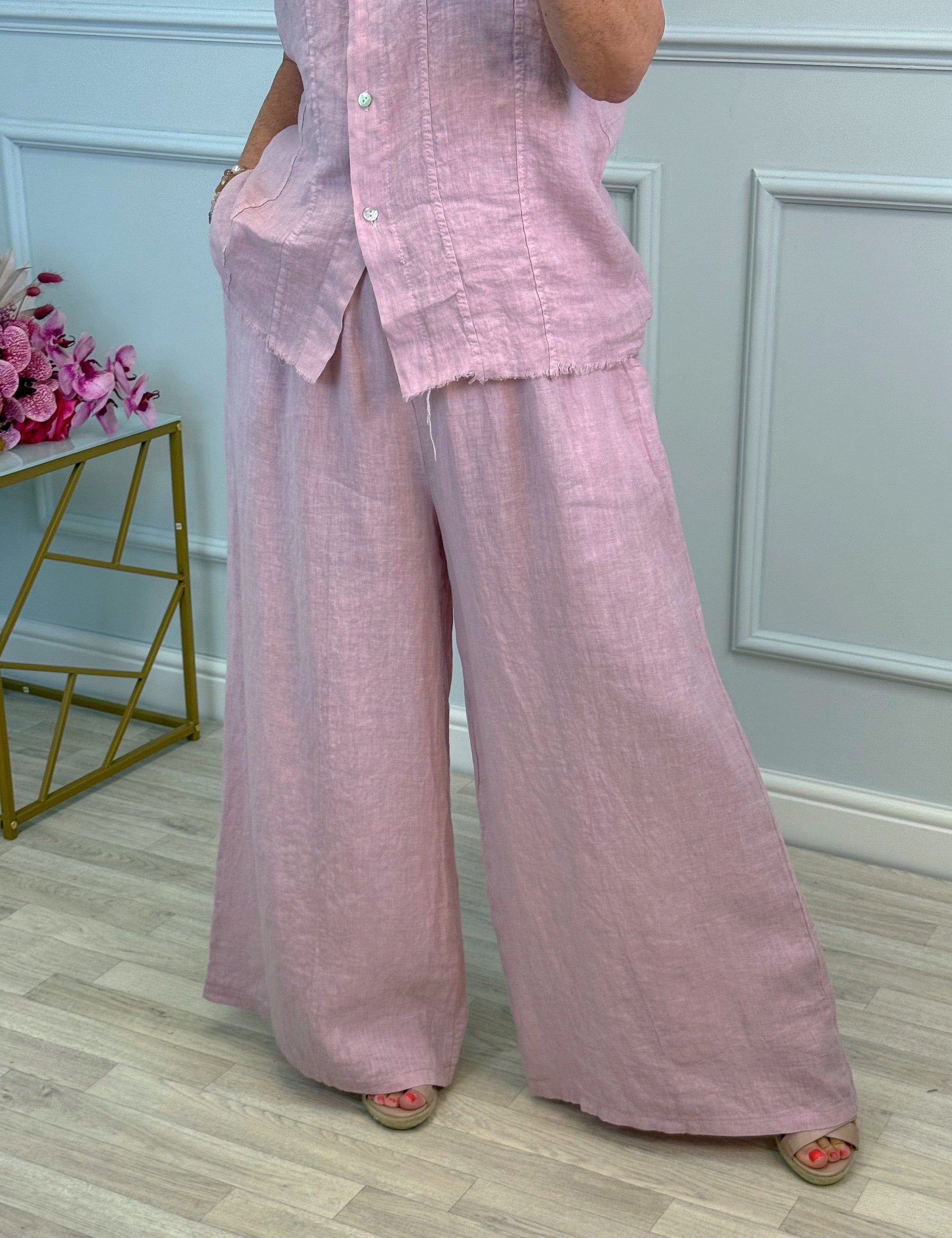 Nola Stretch Waist Linen Wide-Leg Trousers 8-20 Pink - Susie's Boutique
