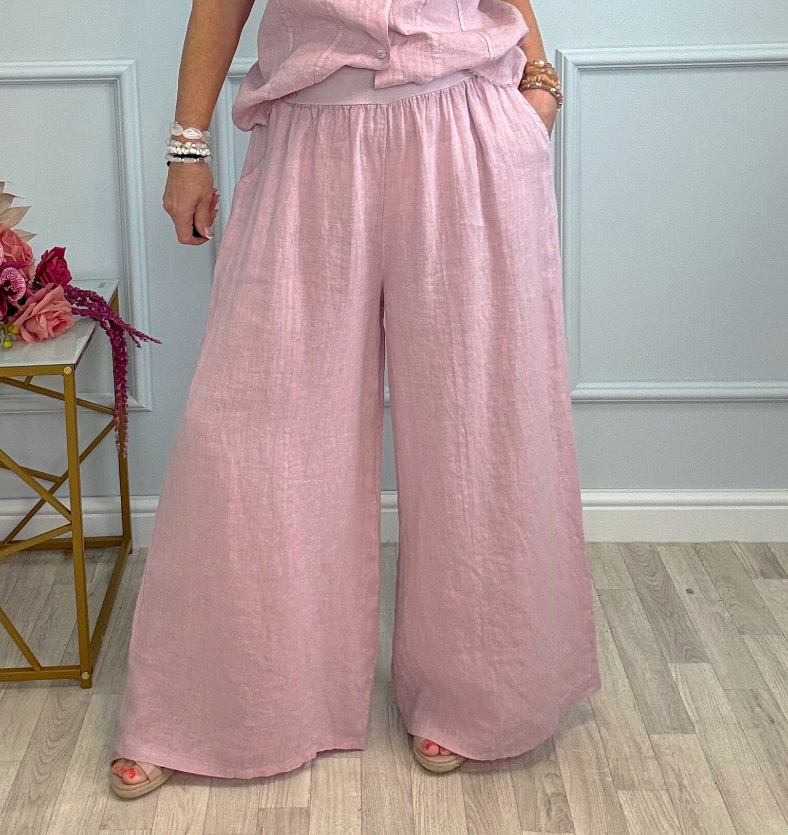 Nola Stretch Waist Linen Wide-Leg Trousers 8-20 Pink - Susie's Boutique