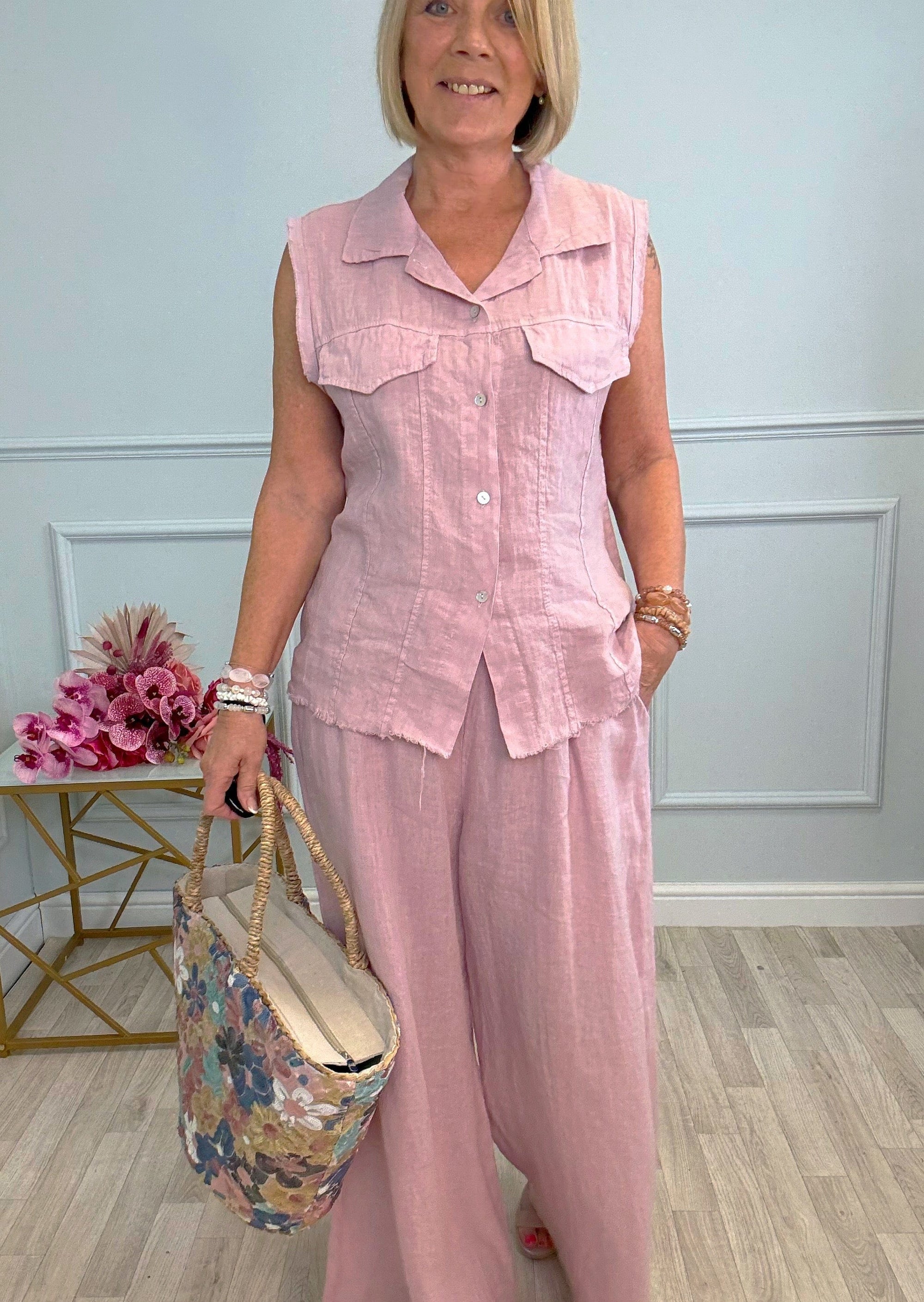 Mara Sleeveless Linen Shirt 8–16 Pink - Susie's Boutique