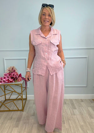 Nola Stretch Waist Linen Wide-Leg Trousers 8-20 Pink - Susie's Boutique