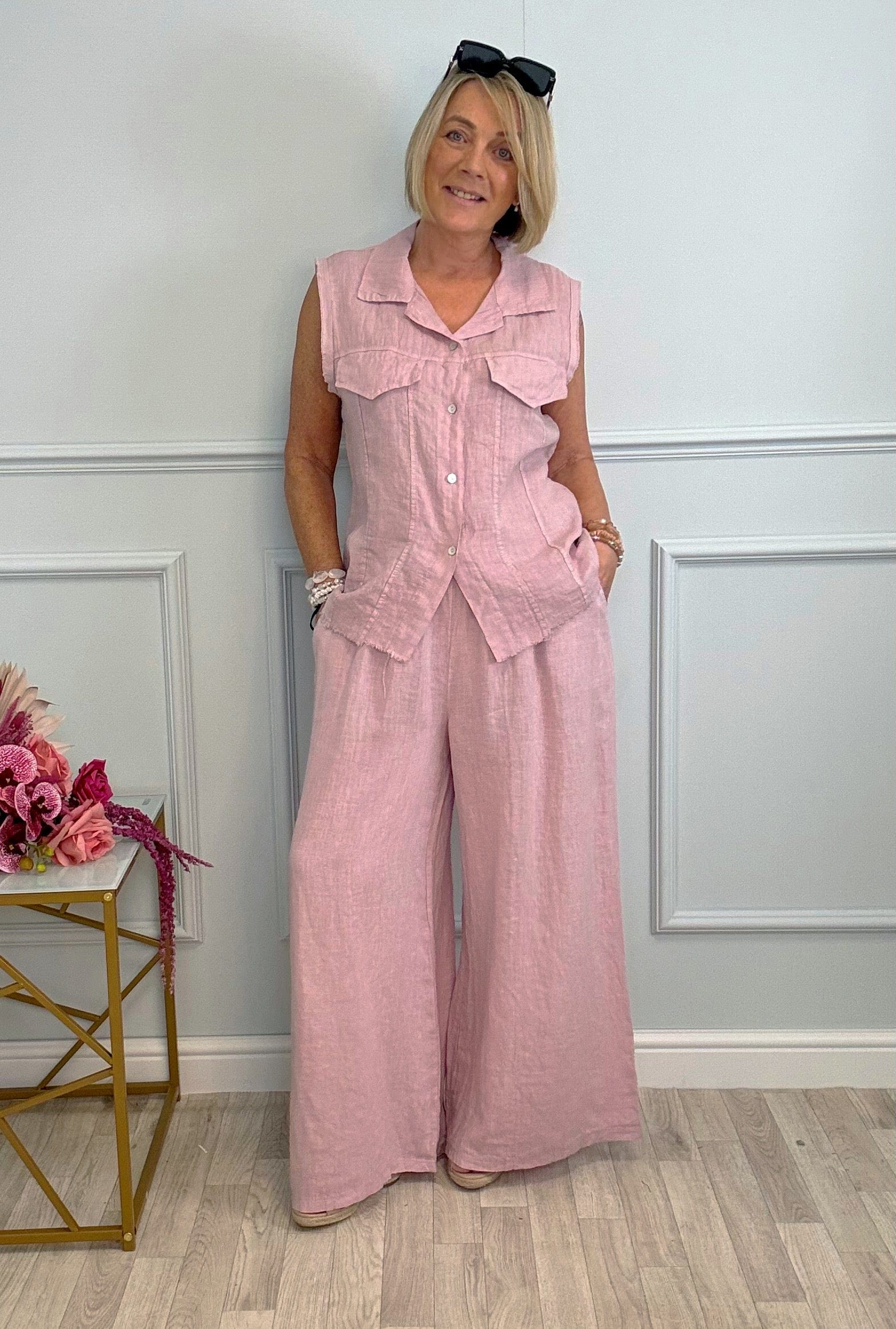 Nola Stretch Waist Linen Wide-Leg Trousers 8-20 Pink - Susie's Boutique