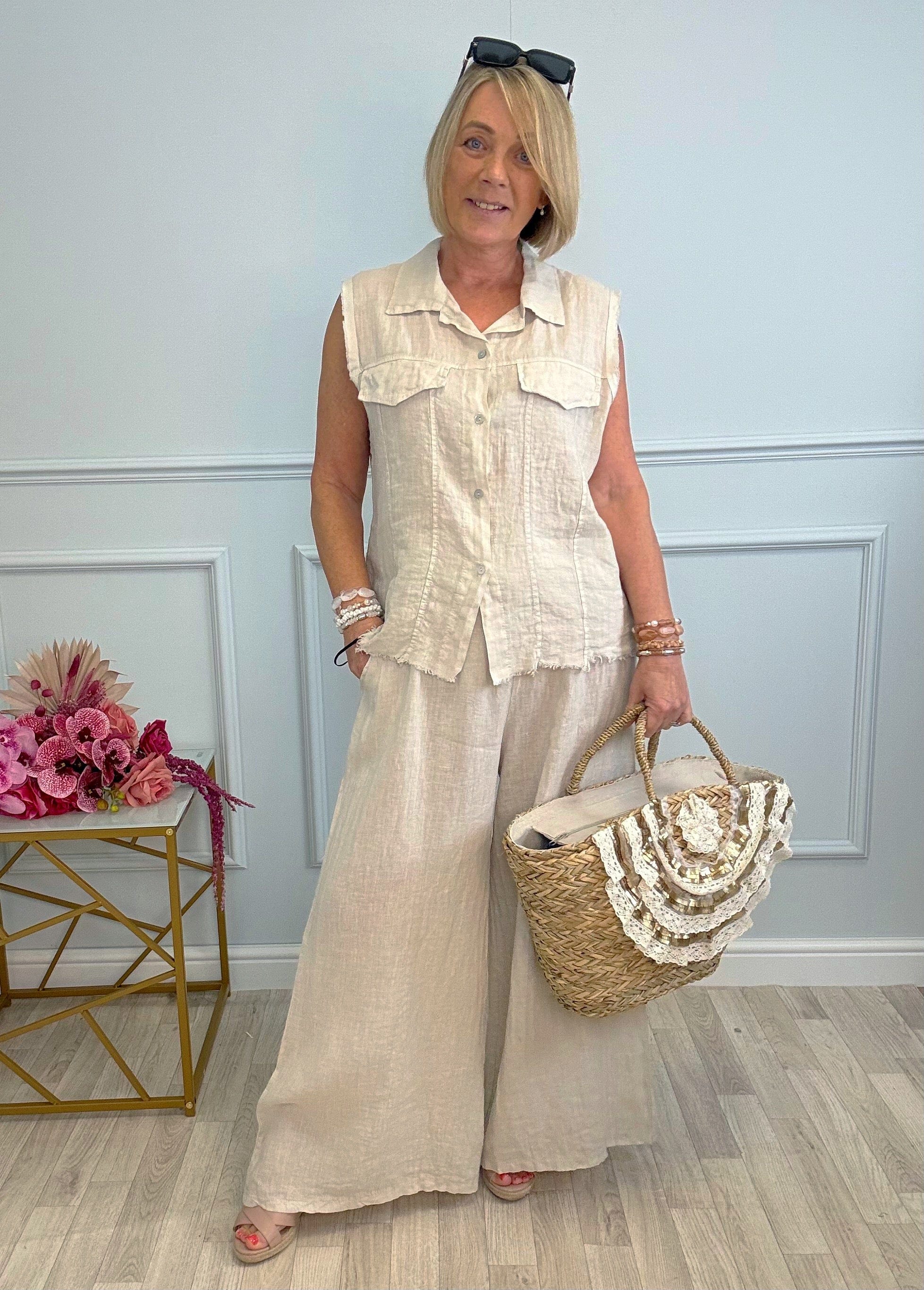 Nola Stretch Waist Linen Wide-Leg Trousers 8-20 Sand - Susie's Boutique