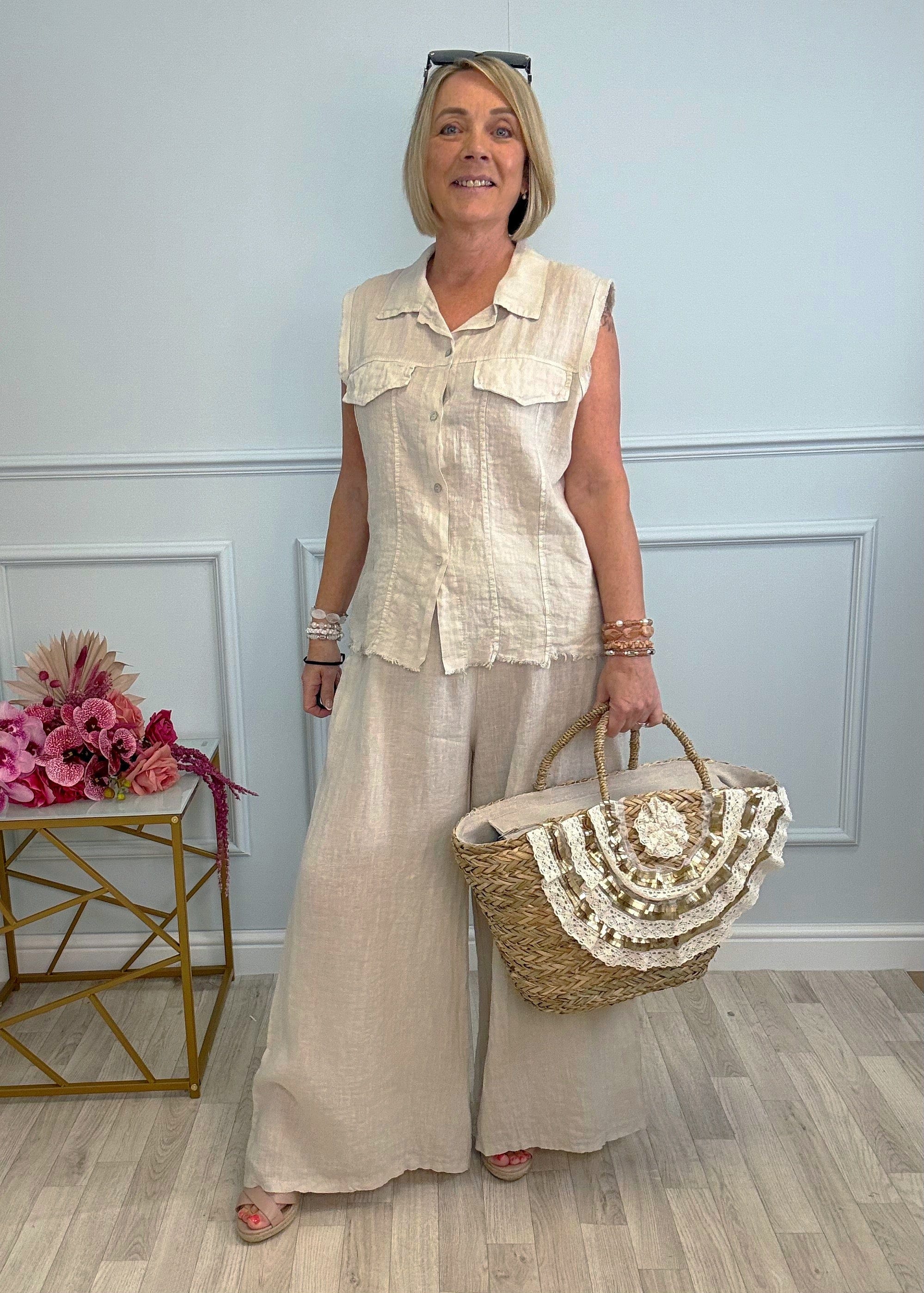 Mara Sleeveless Linen Shirt 8–16 Sand - Susie's Boutique