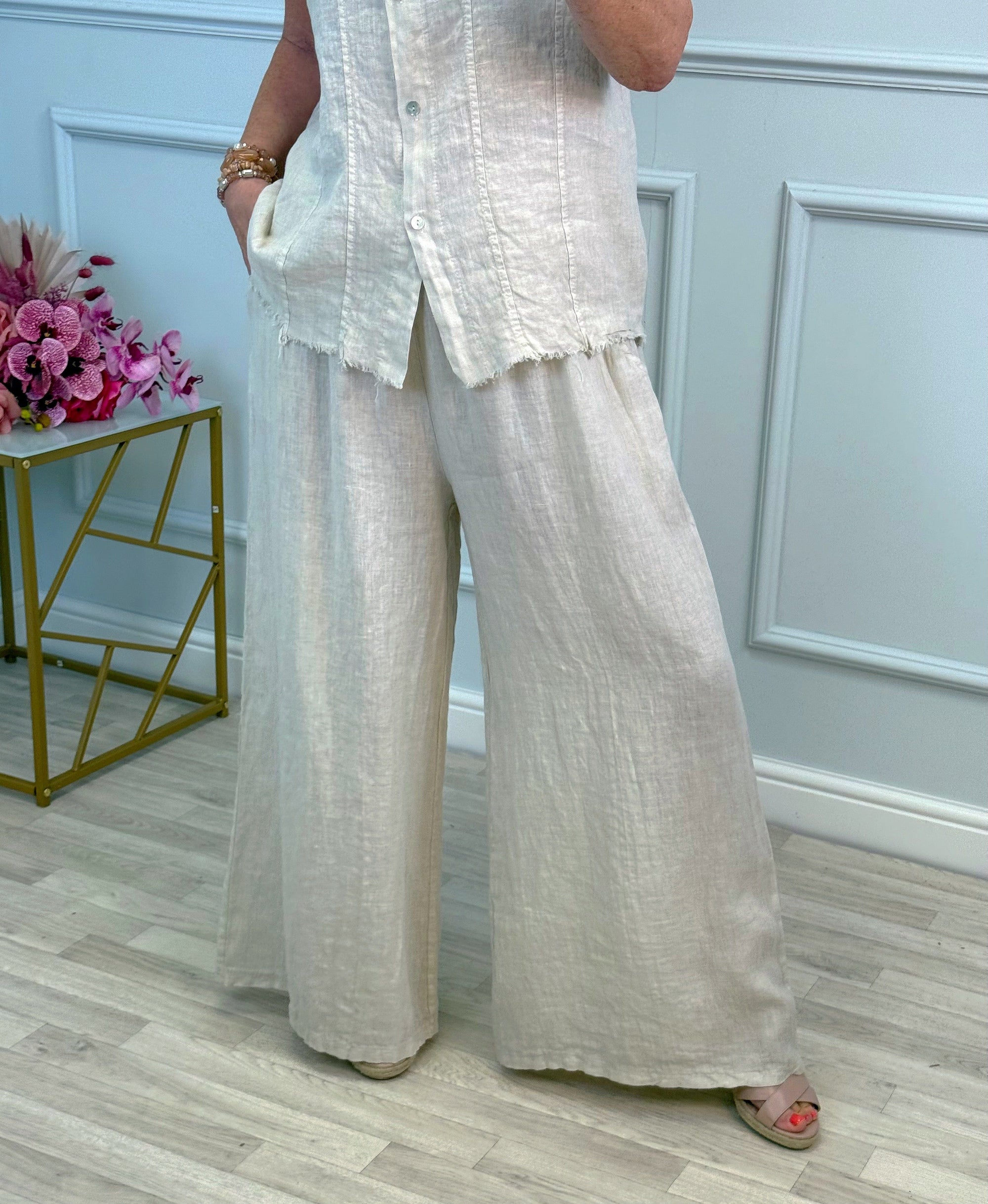 Nola Stretch Waist Linen Wide-Leg Trousers 8-20 Sand - Susie's Boutique
