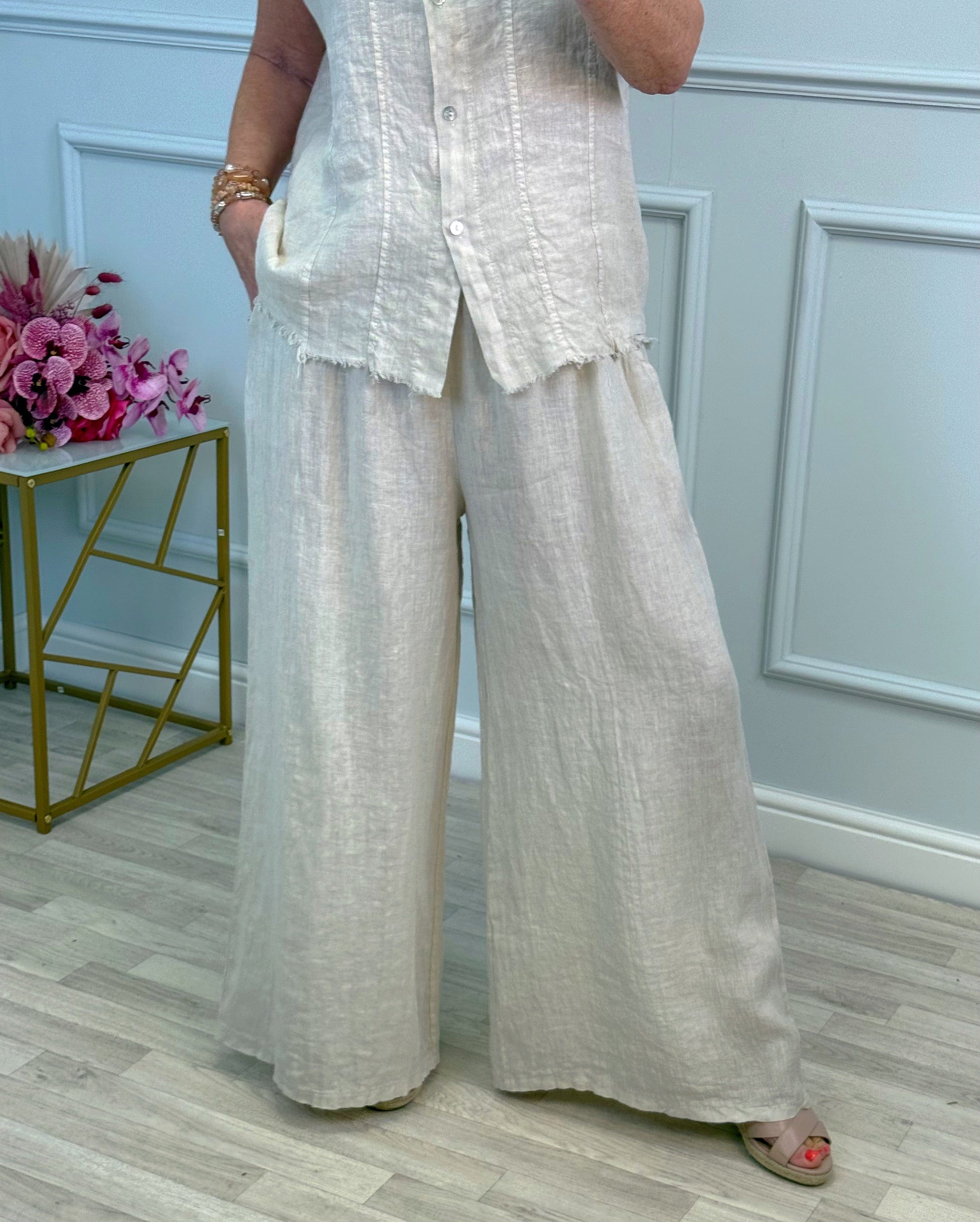 Nola Stretch Waist Linen Wide-Leg Trousers 8-20 Sand - Susie's Boutique