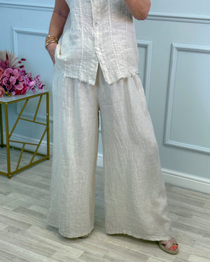 Nola Stretch Waist Linen Wide-Leg Trousers 8-20 Sand - Susie's Boutique