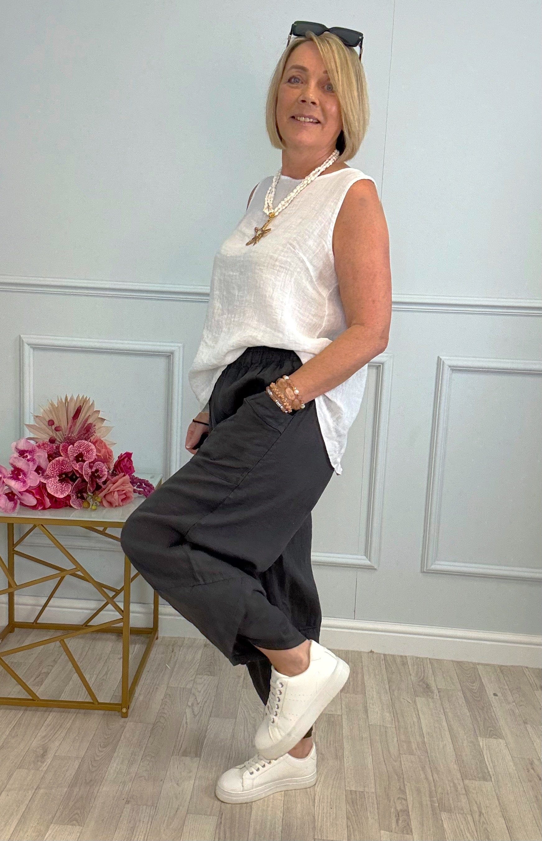 Larisa Quirky Linen Cocoon Pants 8-14 Slate - Susie's Boutique