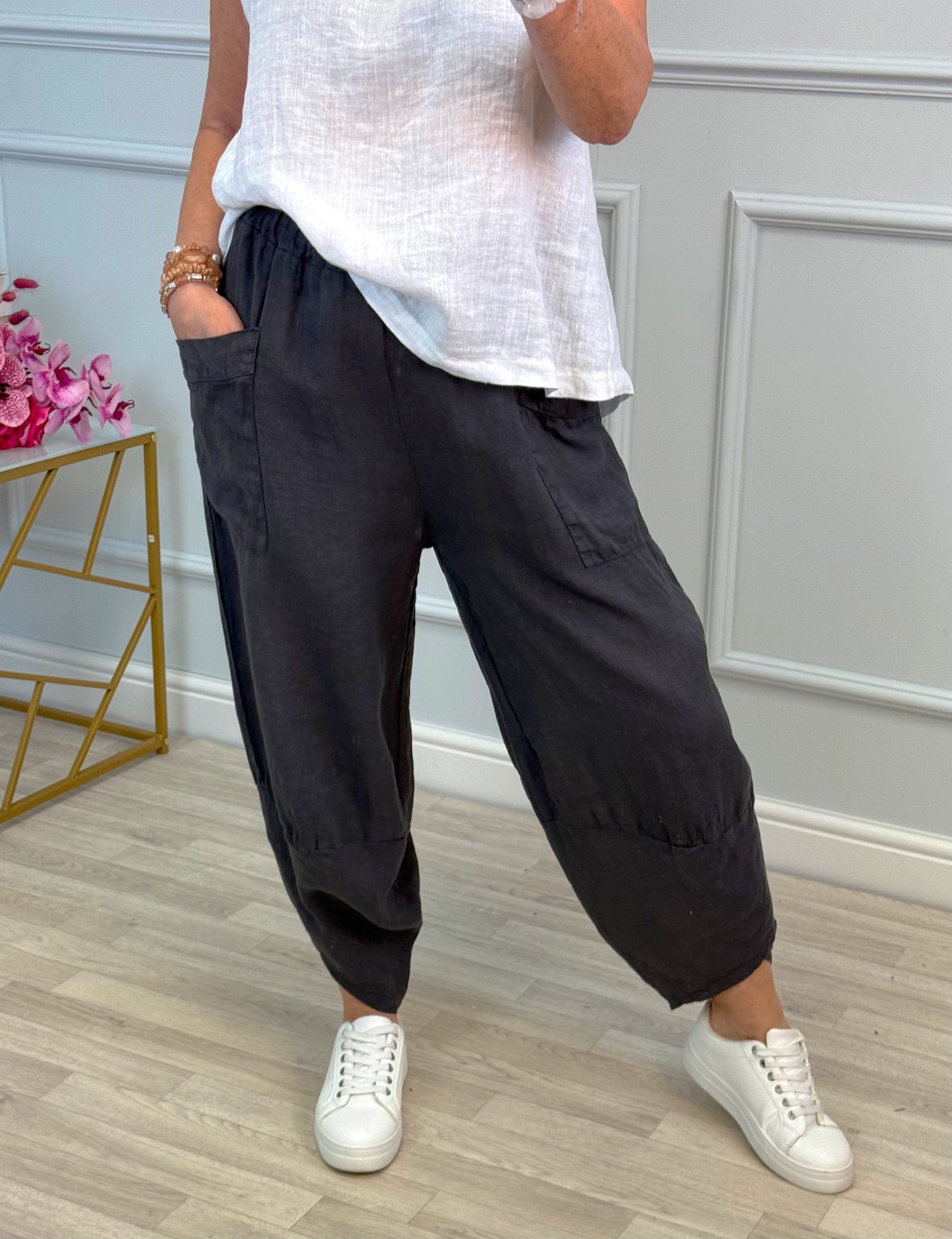 Larisa Quirky Linen Cocoon Pants 8-14 Slate - Susie's Boutique