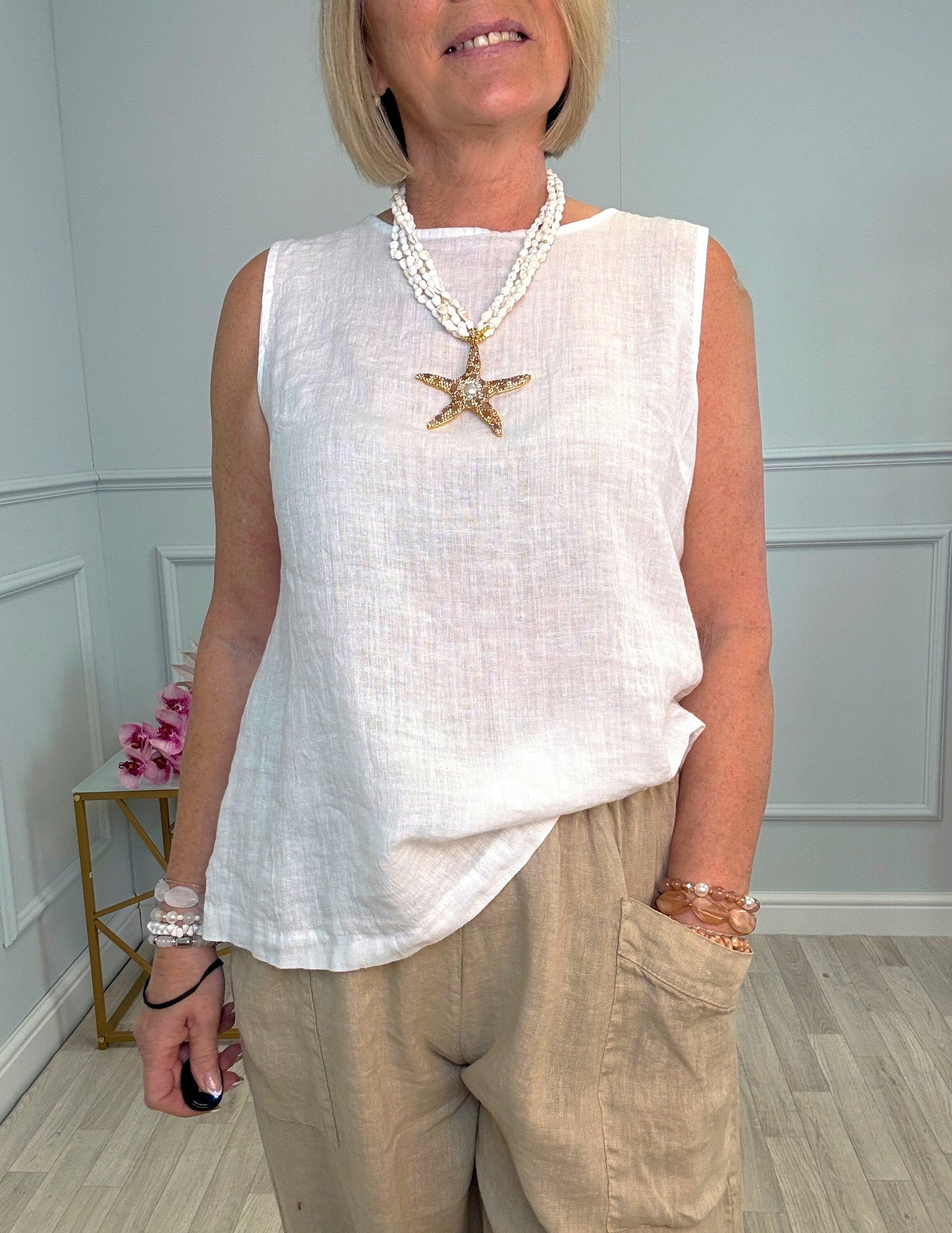 Alba Sleeveless Linen Button-Back Top 8-16 White - Susie's Boutique