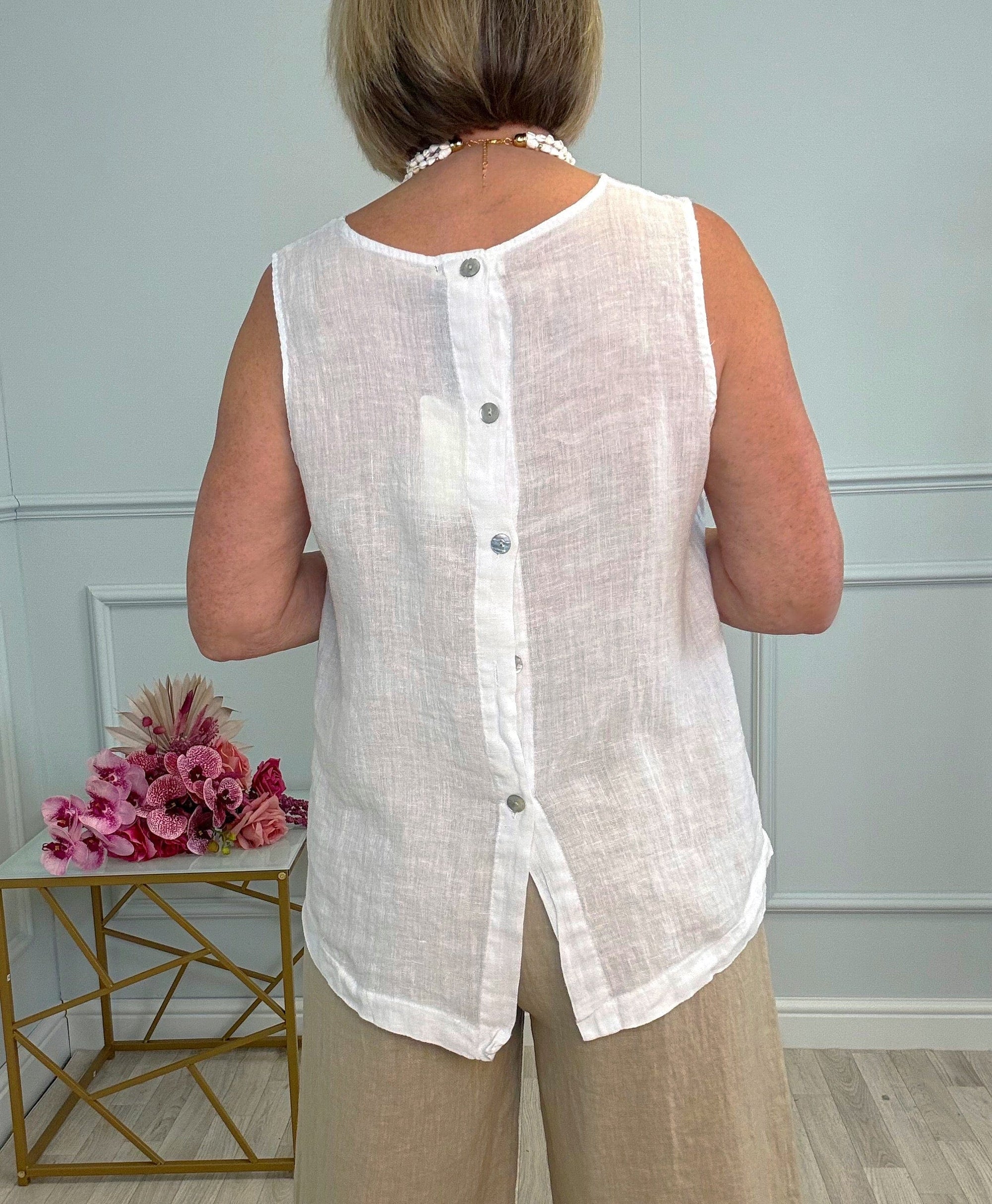 Alba Sleeveless Linen Button-Back Top 8-16 White - Susie's Boutique