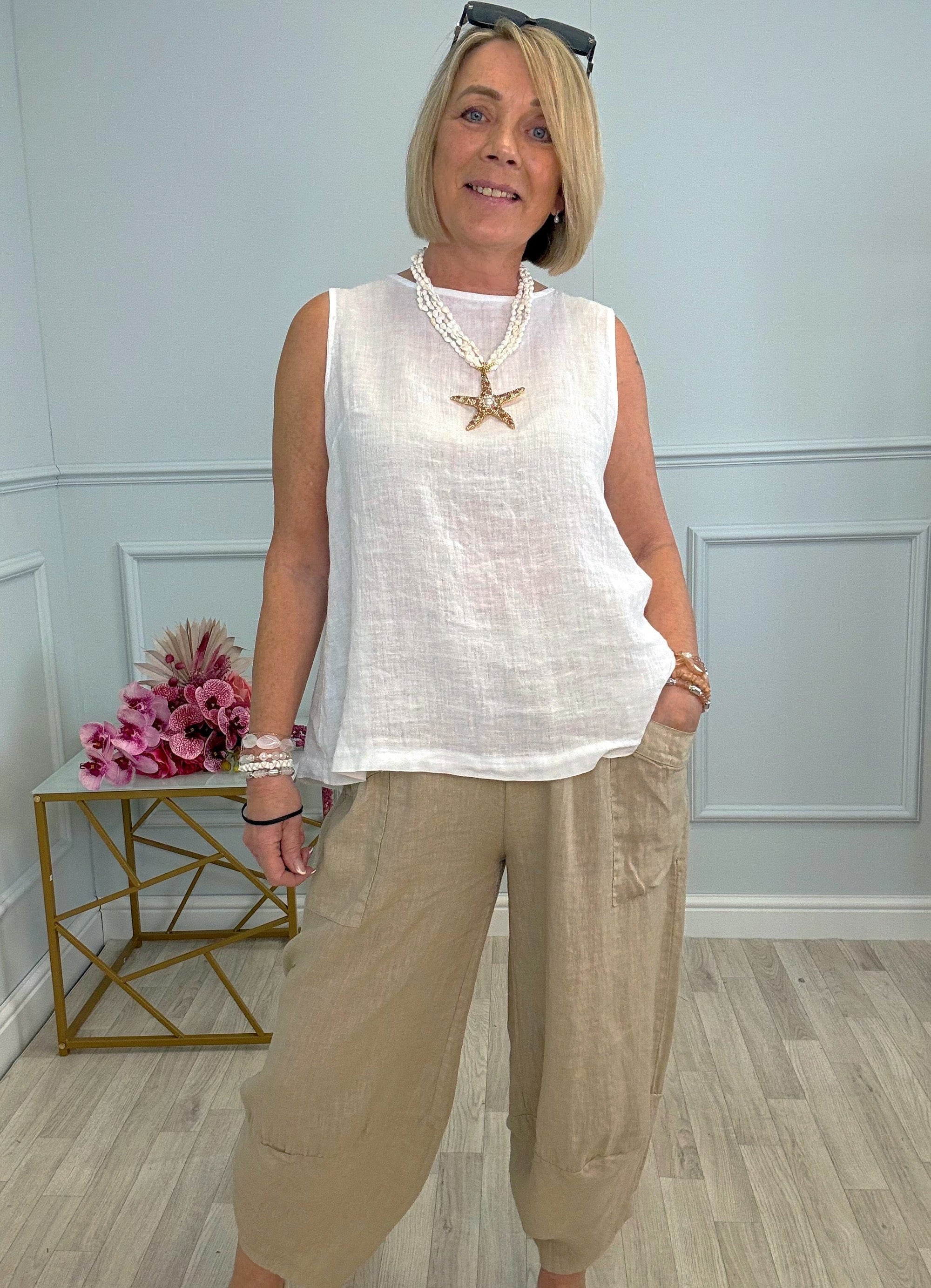 Alba Sleeveless Linen Button-Back Top 8-16 White - Susie's Boutique