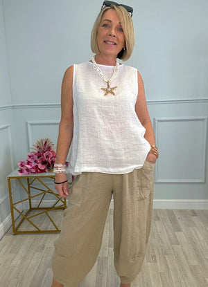 Alba Sleeveless Linen Button-Back Top 8-16 White - Susie's Boutique