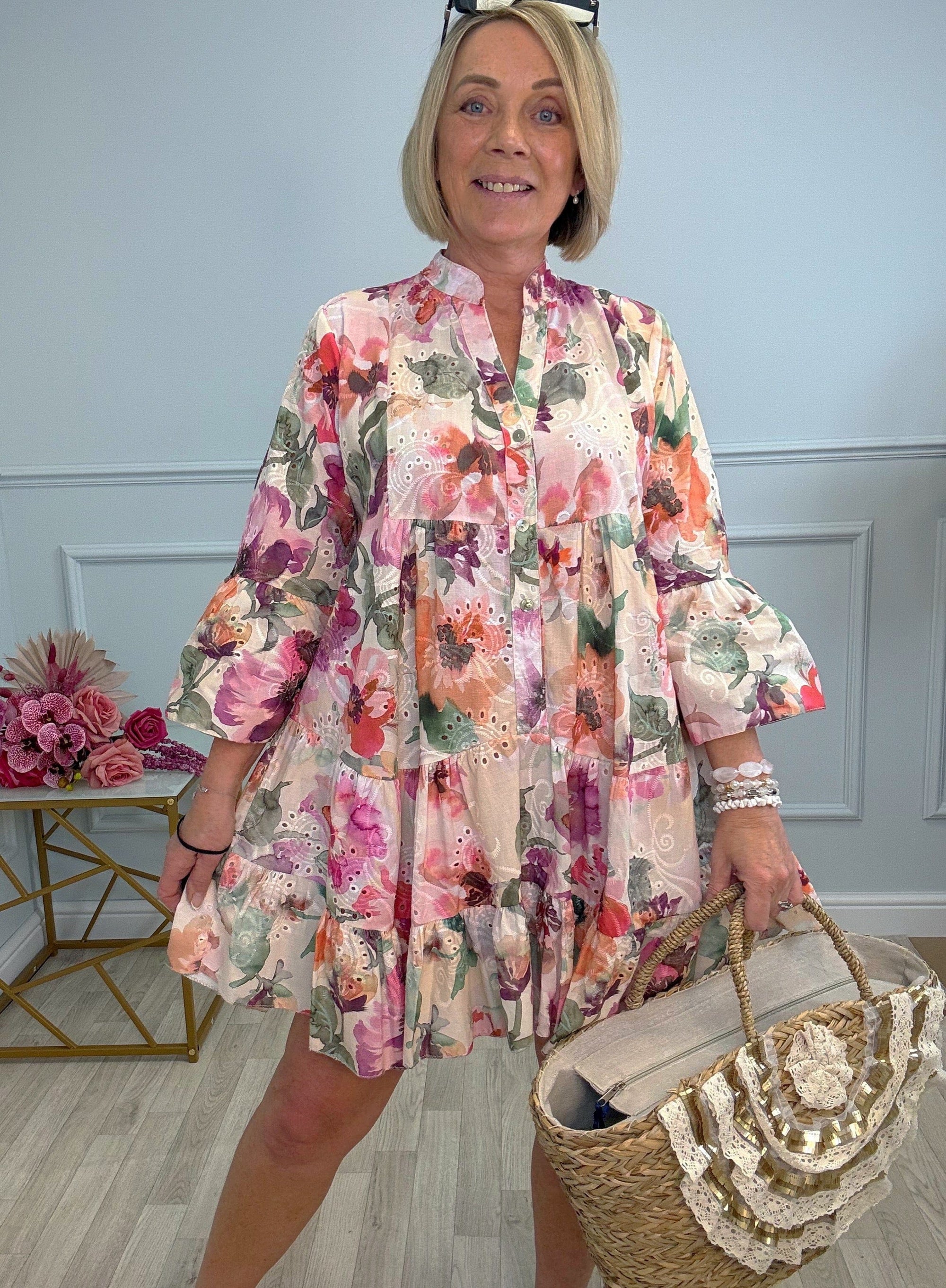 Leah Broderie Anglaise Floral Smock Tunic Dress  8–18 - Susie's Boutique