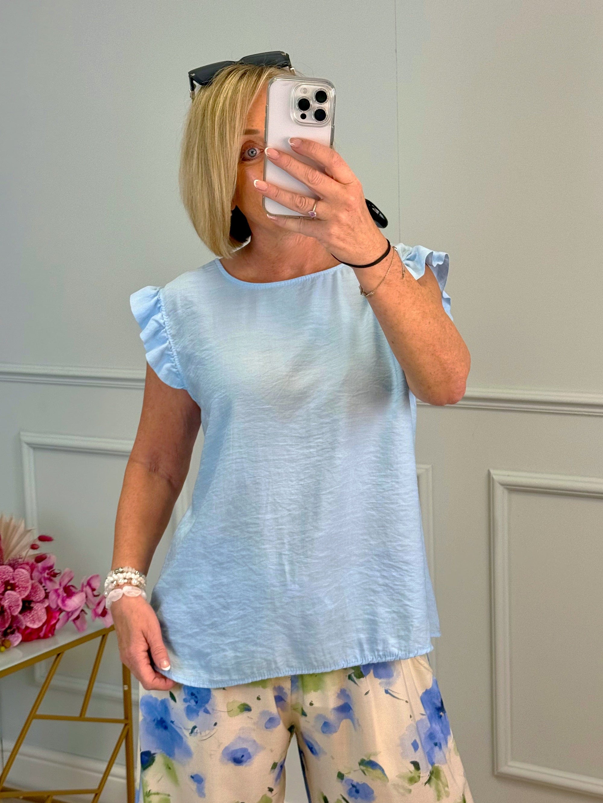 Grace Frill Sleeve Button Back Top 8-16 Blue - Susie's Boutique