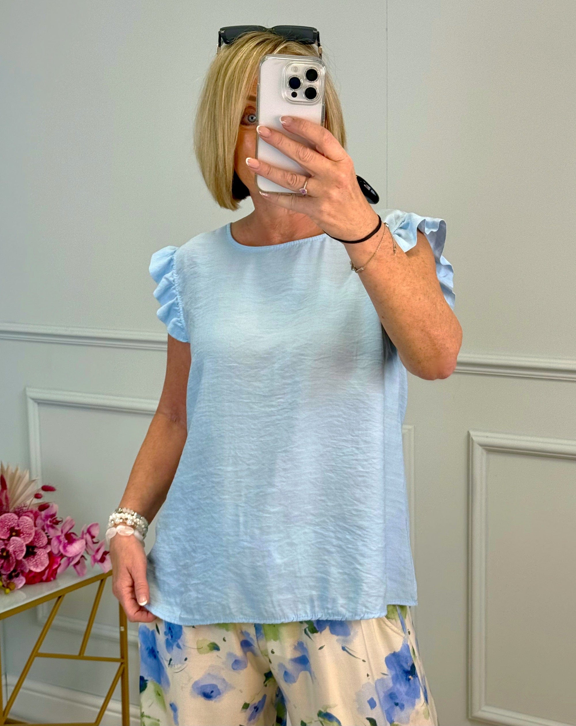 Grace Frill Sleeve Button Back Top 8-16 Blue - Susie's Boutique
