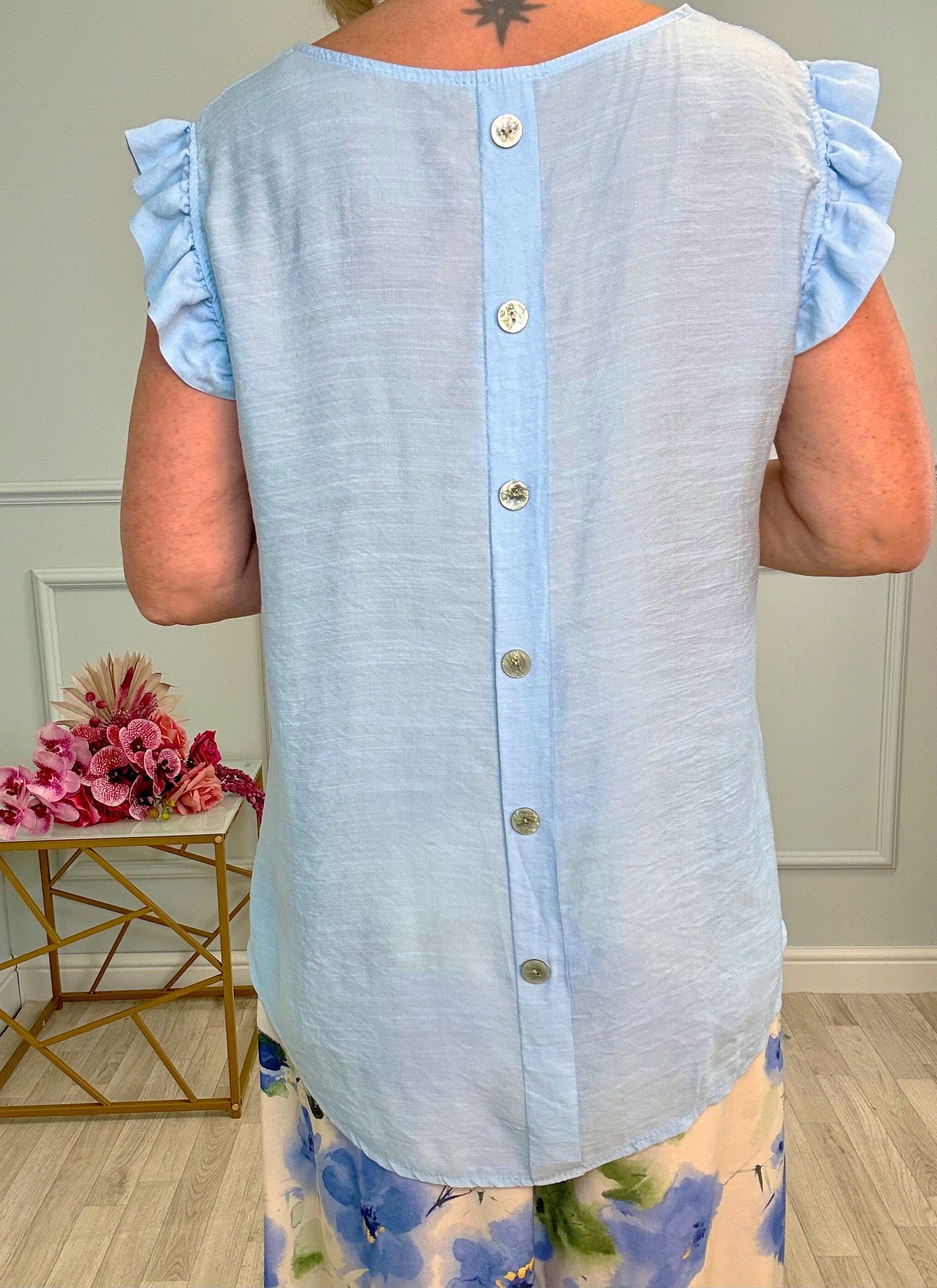 Grace Frill Sleeve Button Back Top 8-16 Blue - Susie's Boutique