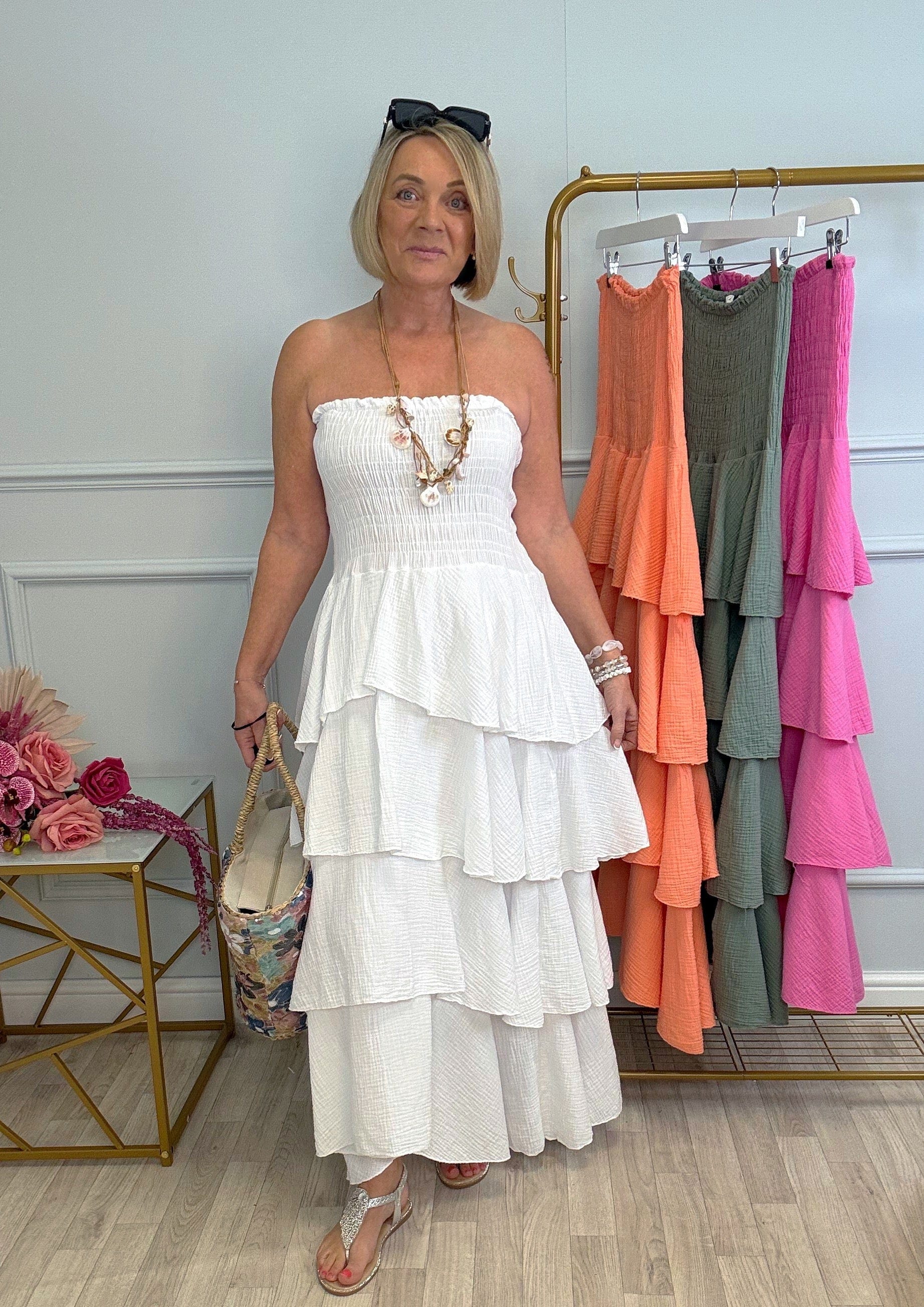 Thalia Cheesecloth Tiered Rara Maxi Dress 10-18 White - Susie's Boutique