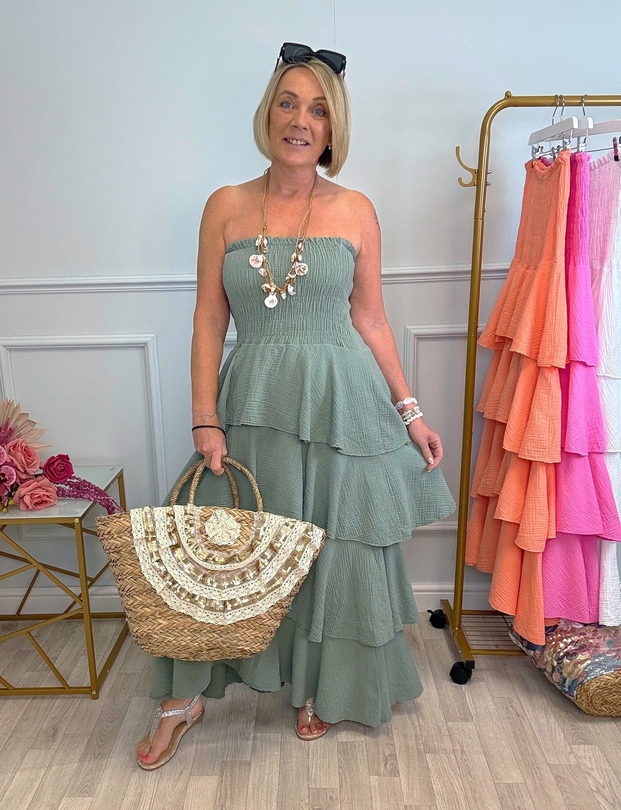 Thalia Cheesecloth Tiered Rara Maxi Dress 10-18 Khaki - Susie's Boutique