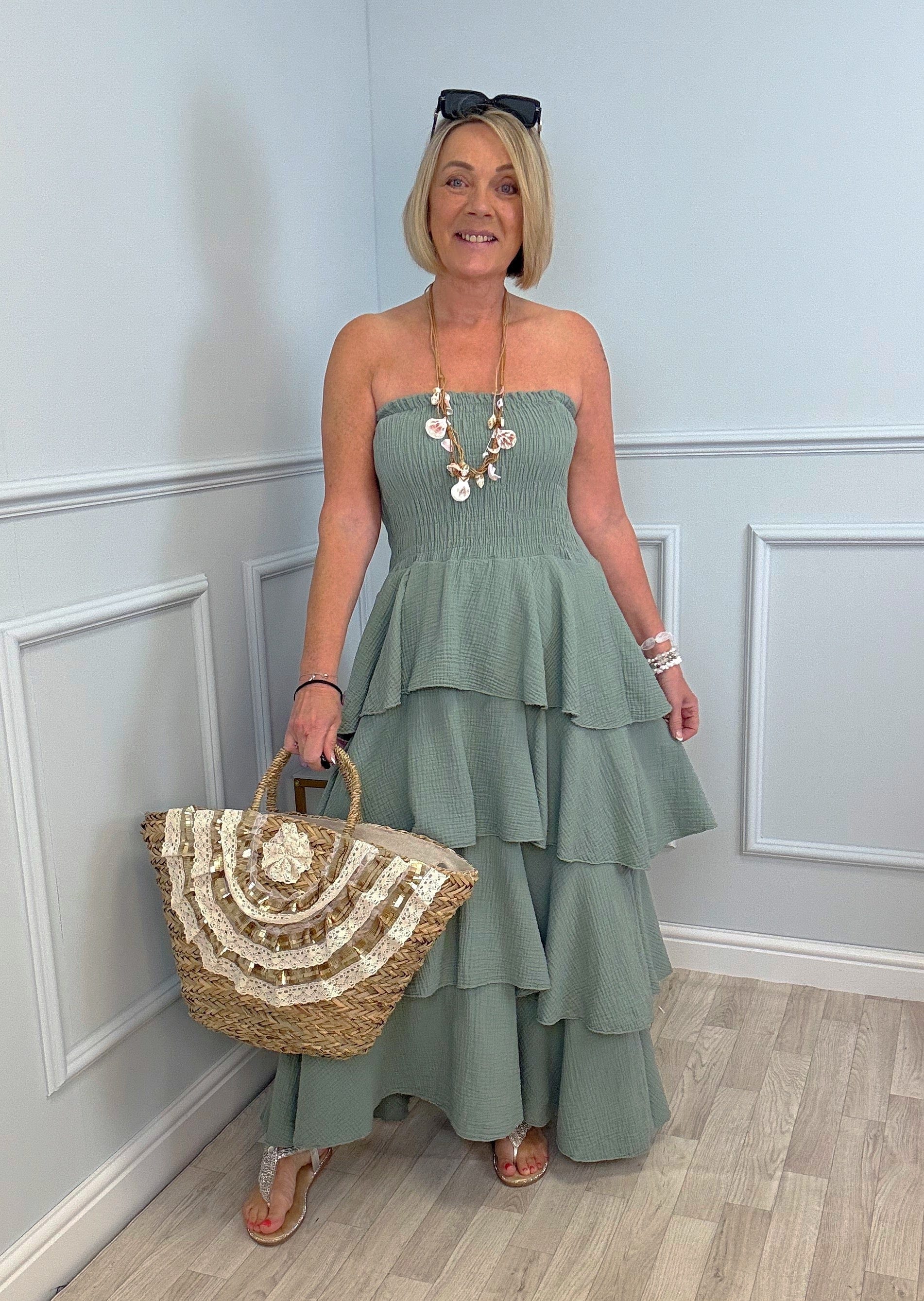 Thalia Cheesecloth Tiered Rara Maxi Dress 10-18 Khaki - Susie's Boutique