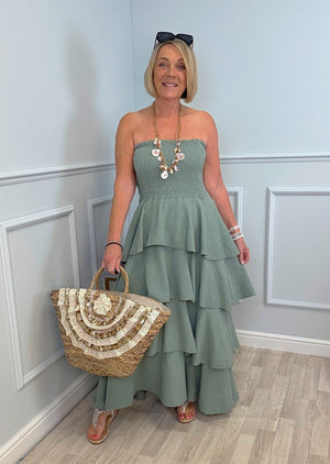 Thalia Cheesecloth Tiered Rara Maxi Dress 10-18 Khaki - Susie's Boutique