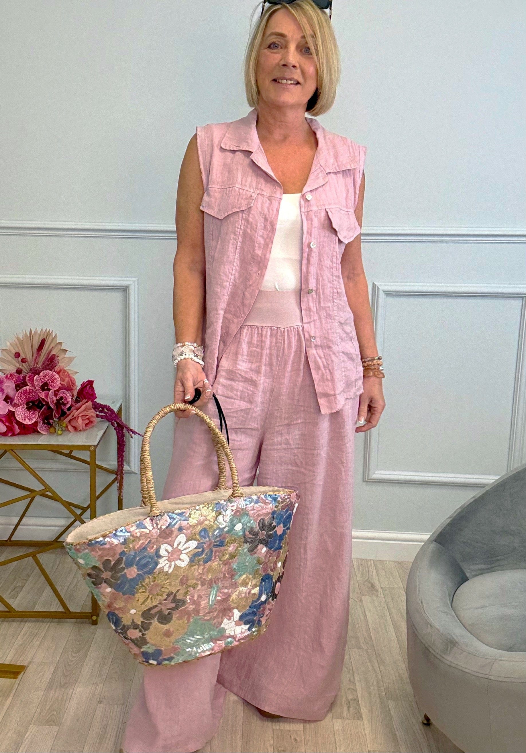 Sequin Floral Embroidered Straw Tote Bag - Susie's Boutique