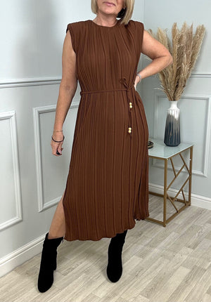 Holly Pleated Dress 8-20 Chocolate - Susie's Boutique