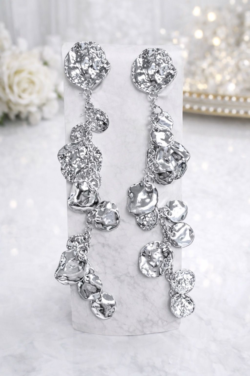 Silver-Tone Hammered Disc Drop Statement Earrings