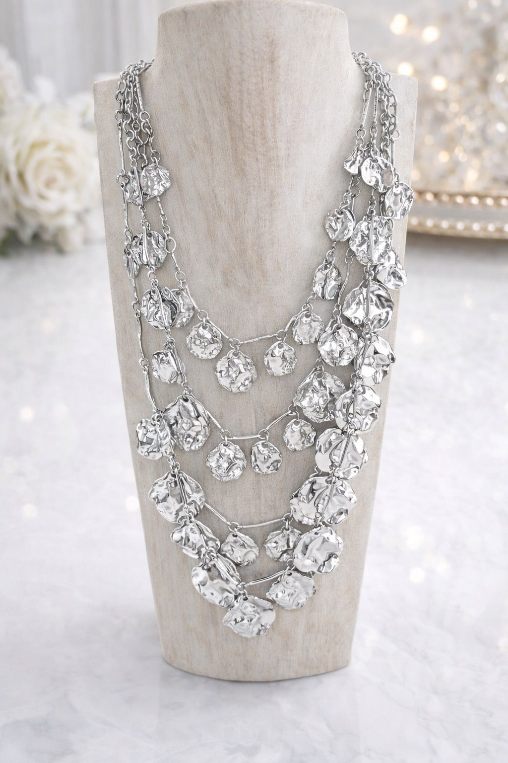 Silver-Tone Multi-Layer Hammered Disc Statement Necklace