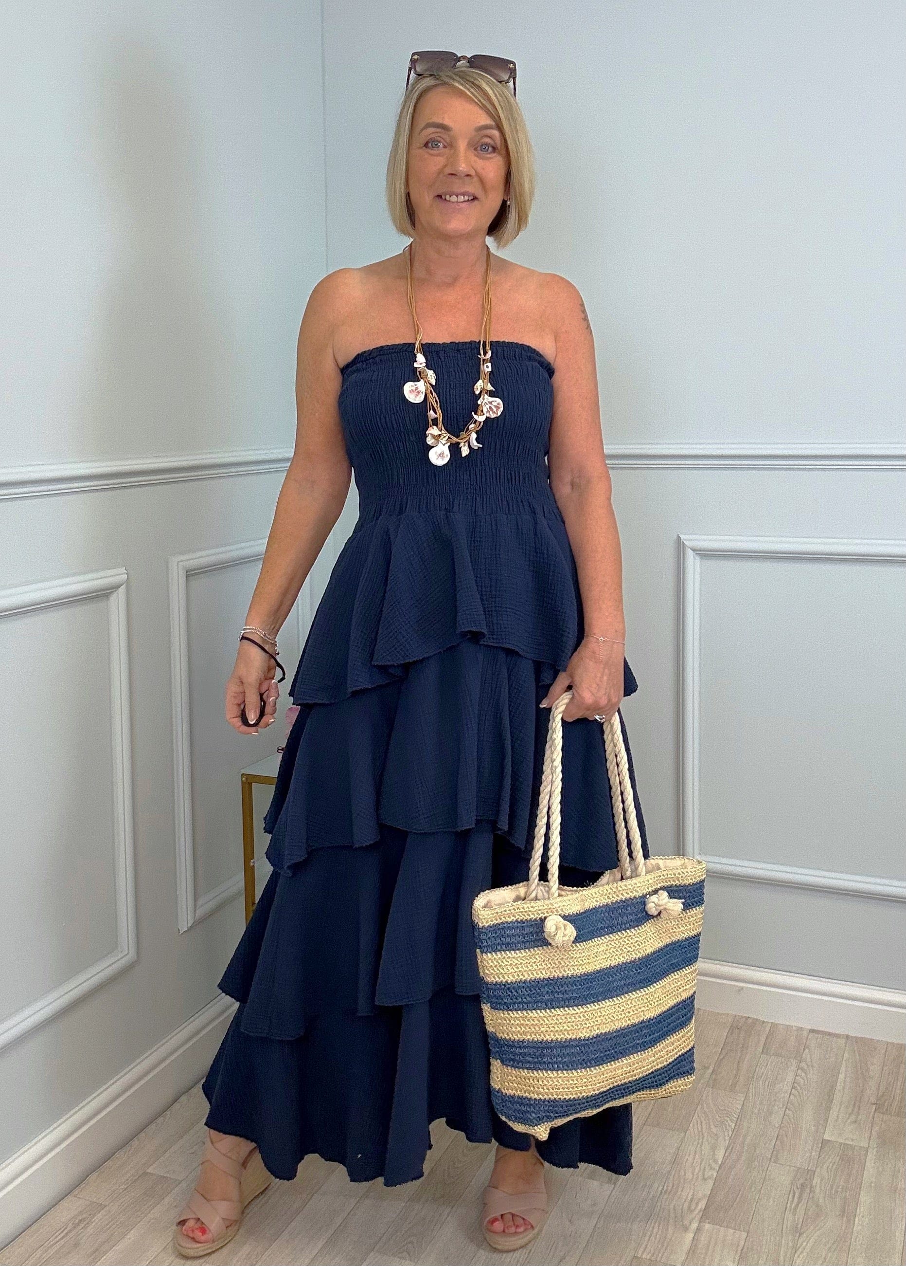 Thalia Cheesecloth Tiered Rara Maxi Dress 10-18 Navy - Susie's Boutique