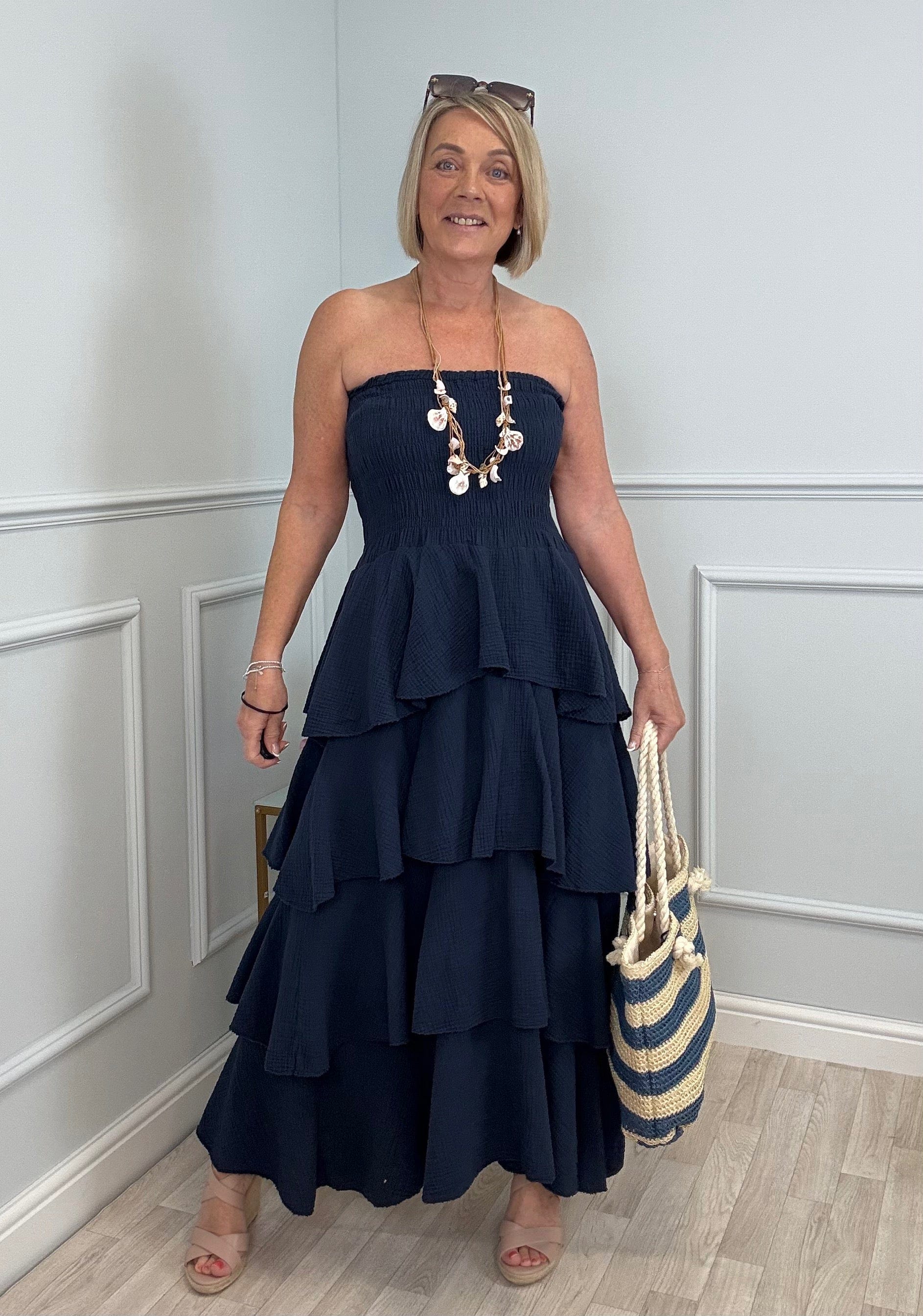 Thalia Cheesecloth Tiered Rara Maxi Dress 10-18 Navy - Susie's Boutique