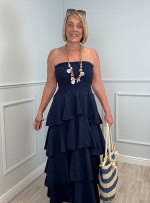 Thalia Cheesecloth Tiered Rara Maxi Dress 10-18 Navy - Susie's Boutique