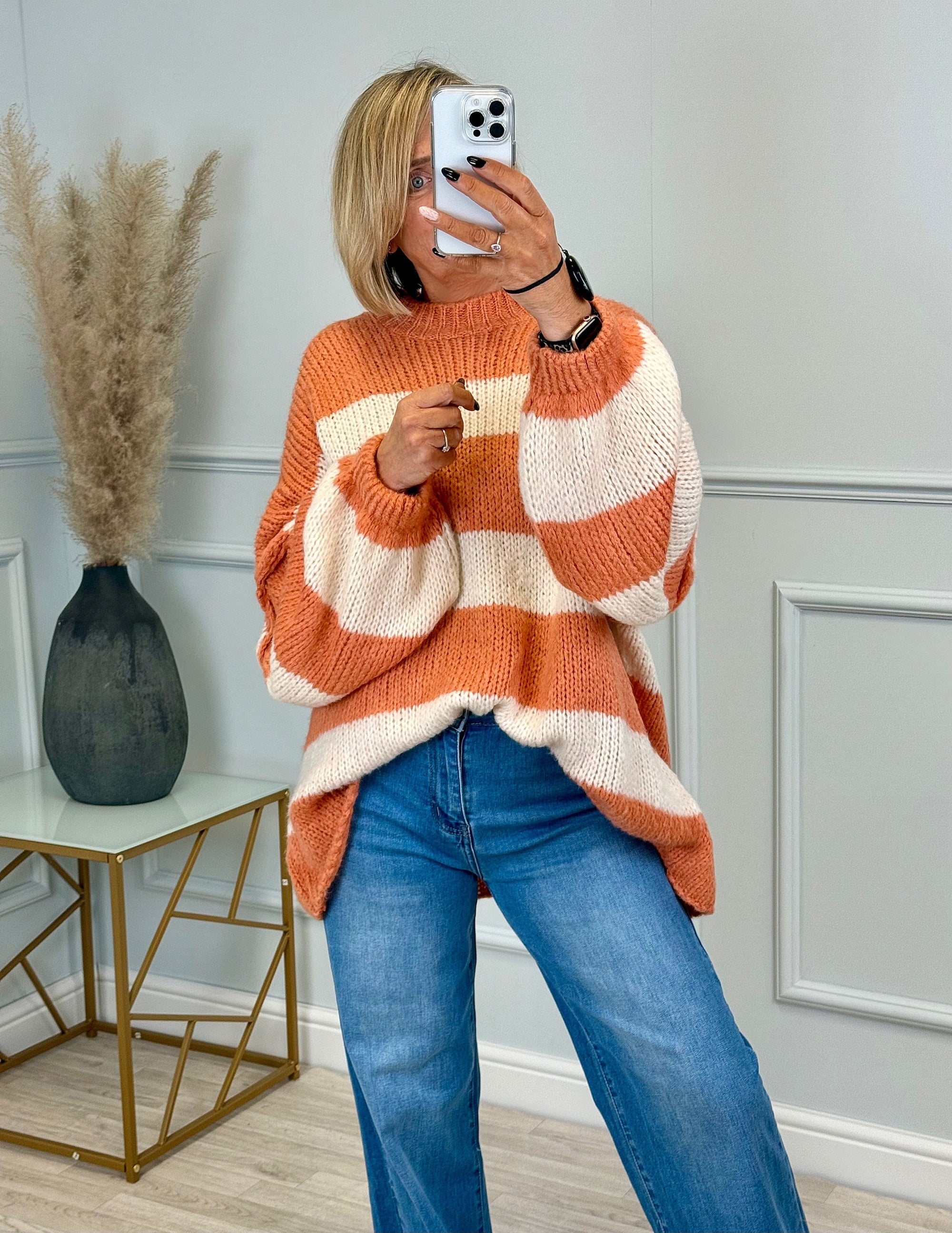 Fallon Bold Striped Oversized Knitted Jumper 10-20 Coral - Susie's Boutique