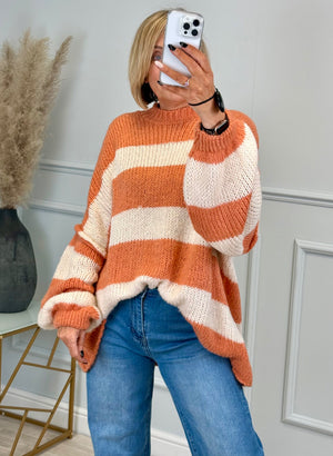 Fallon Bold Striped Oversized Knitted Jumper 10-20 Coral - Susie's Boutique