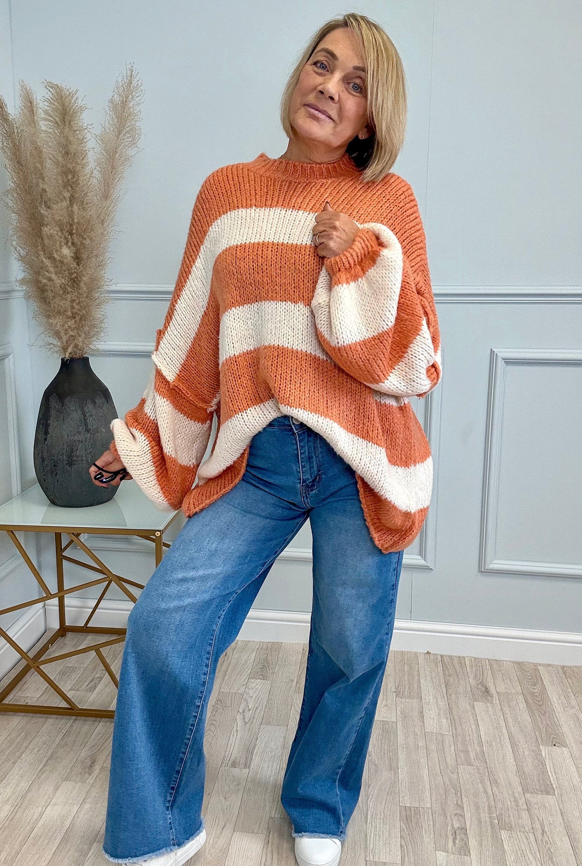 Fallon Bold Striped Oversized Knitted Jumper 10-20 Coral - Susie's Boutique