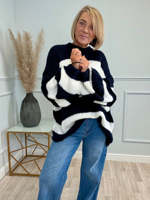 Fallon Bold Striped Oversized Knitted Jumper 10-20 Navy - Susie's Boutique