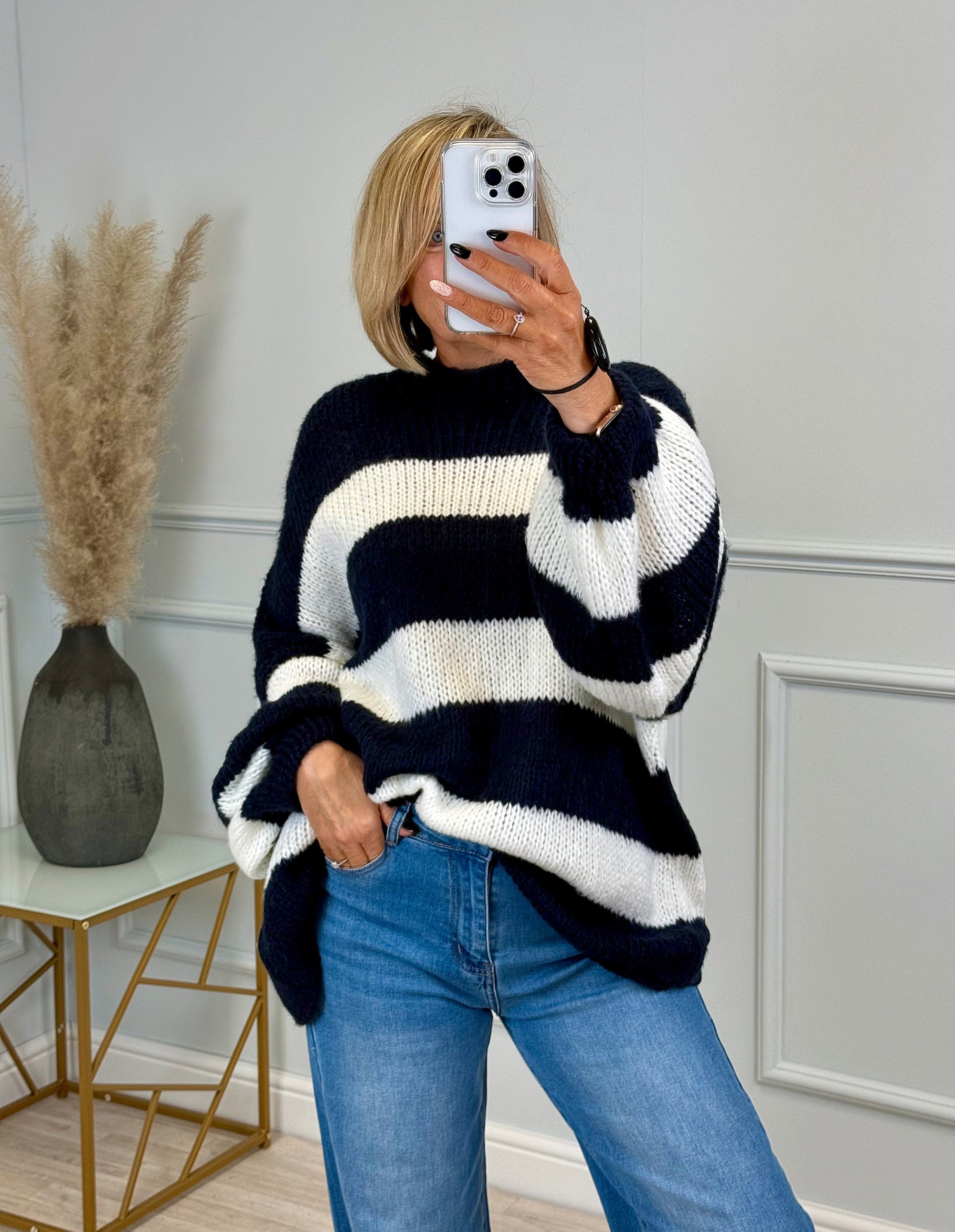 Fallon Bold Striped Oversized Knitted Jumper 10-20 Navy - Susie's Boutique