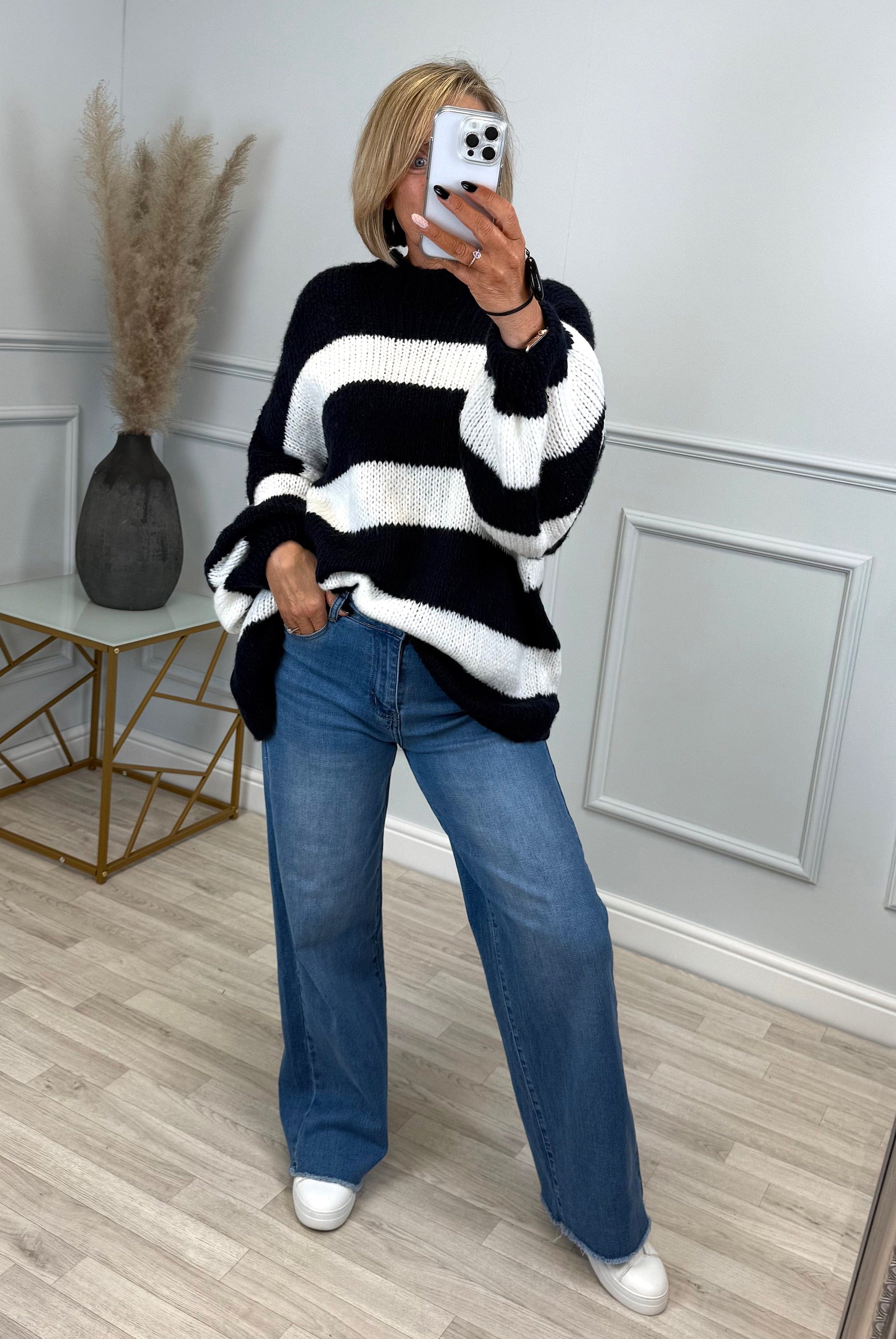 Fallon Bold Striped Oversized Knitted Jumper 10-20 Navy - Susie's Boutique