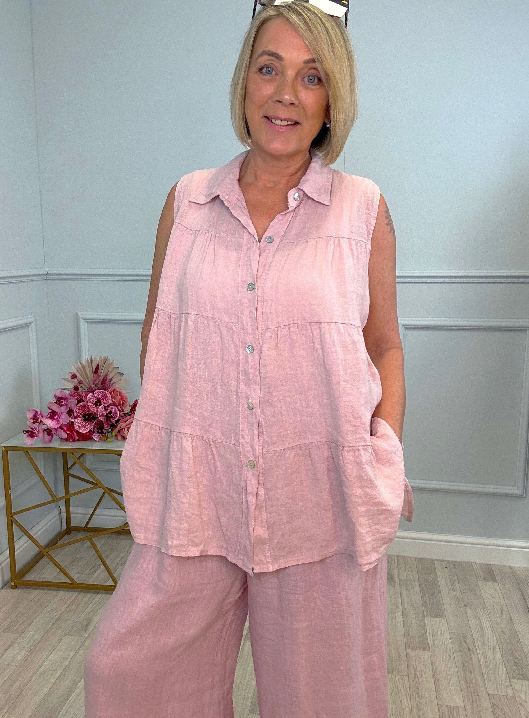 Anya Sleeveless Tiered Linen Shirt 10-20 Pink