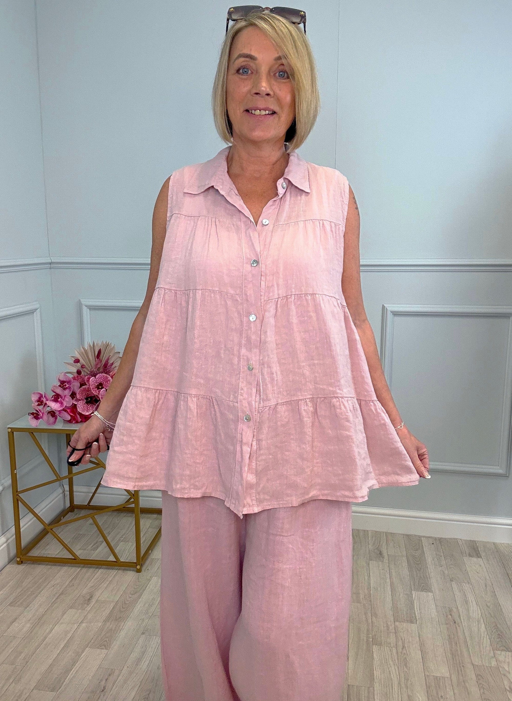 Anya Sleeveless Tiered Linen Shirt 10-20 Pink