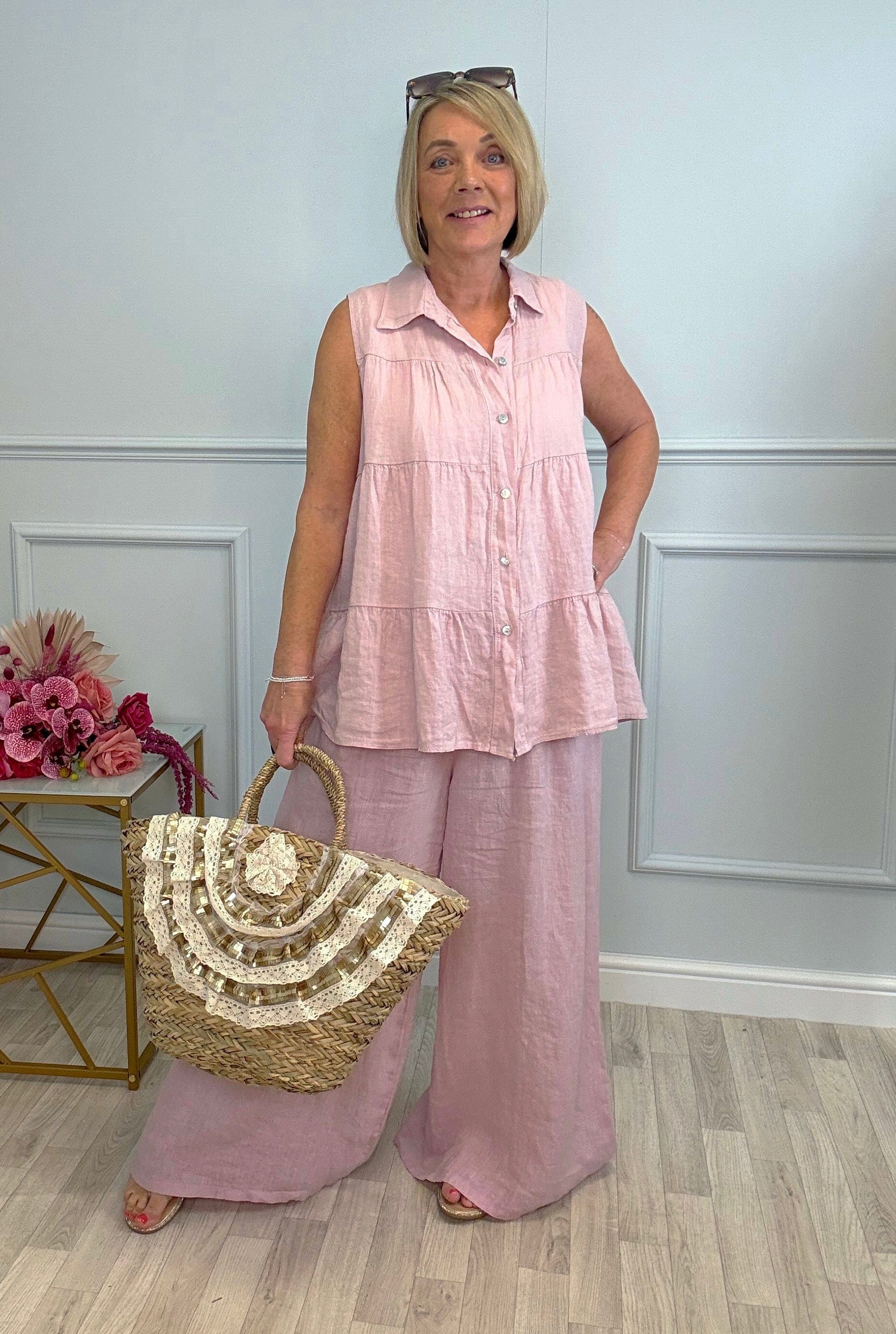 Anya Sleeveless Tiered Linen Shirt 10-20 Pink
