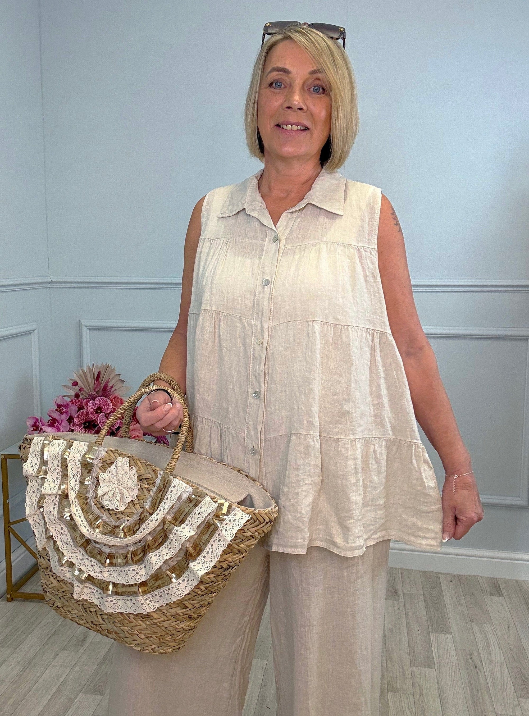 Anya Sleeveless Tiered Linen Shirt 10-20 Sand