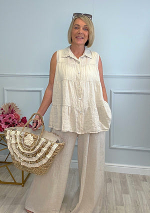 Anya Sleeveless Tiered Linen Shirt 10-20 Sand