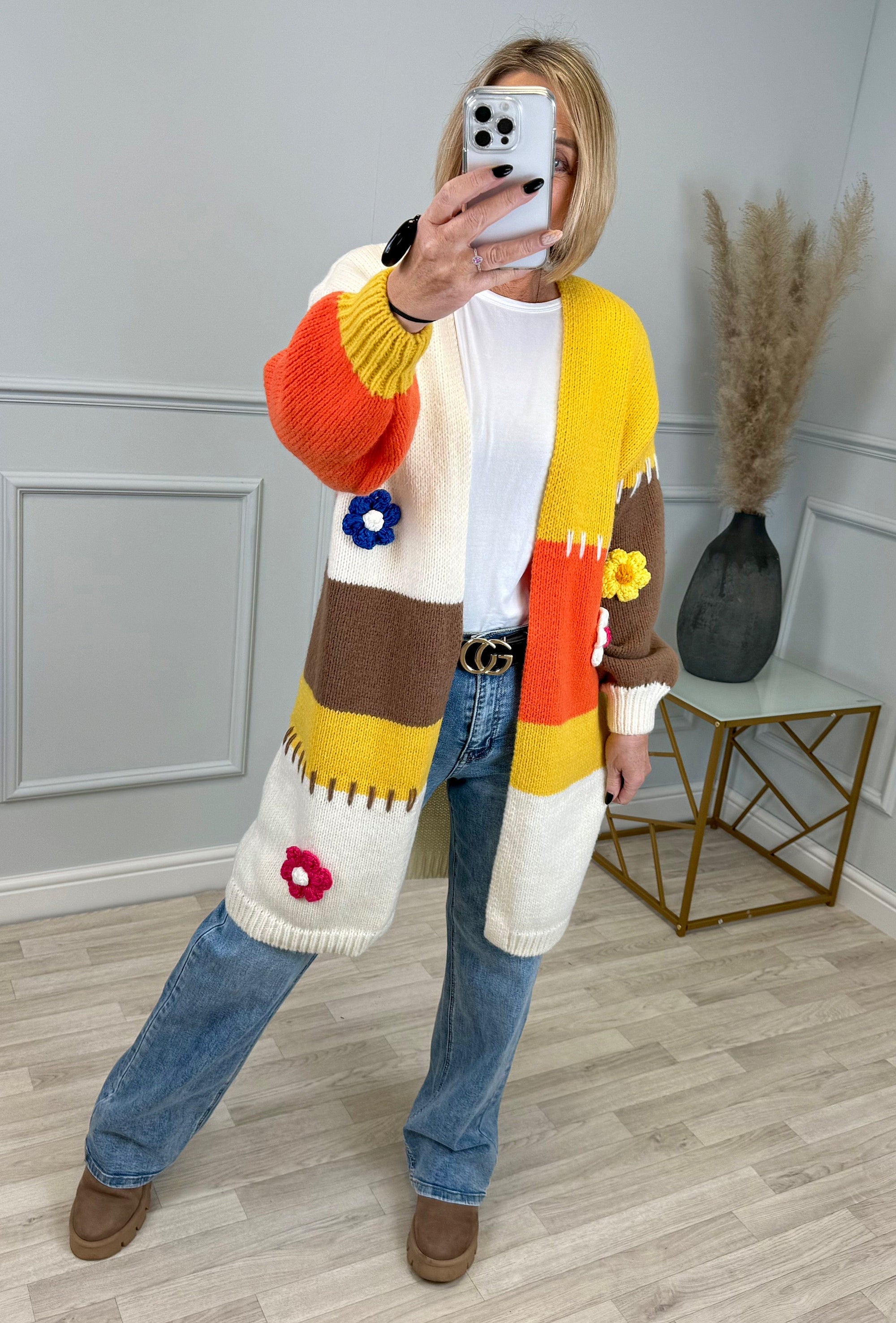 Maisie Colour Block Flower/Stitch Knit Cardigan 8-20 Beige - Susie's Boutique