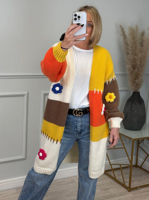 Maisie Colour Block Flower/Stitch Knit Cardigan 8-20 Beige - Susie's Boutique