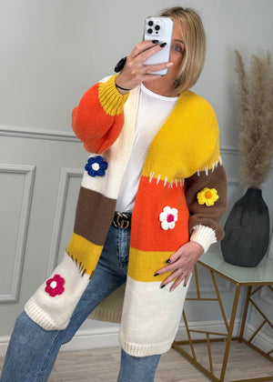 Maisie Colour Block Flower/Stitch Knit Cardigan 8-20 Beige - Susie's Boutique
